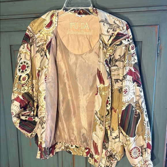 FU DA International Silk Cream and Brown Floral Bomber Jacket Abstract Print - Picture 3 of 14